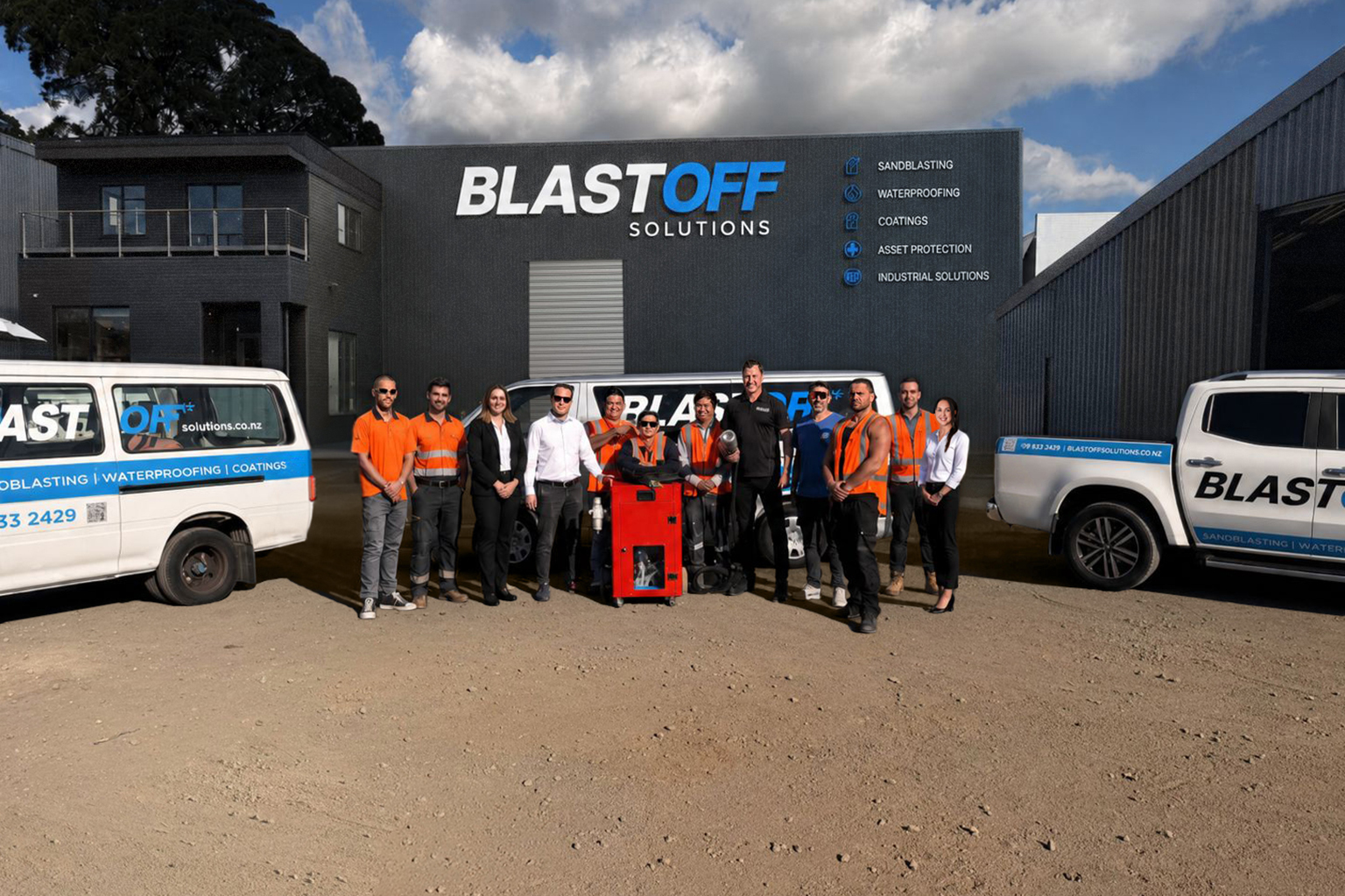 BlastOff Solutions team with their mobile on-site fleet